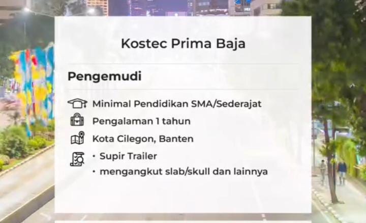 Kostec Prima Baja Cilegon Banten Buka Loker Pengemudi Bagi Lulusan SMA/Sederajat