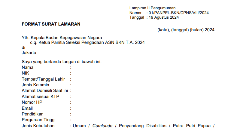 Link Download Format Surat Lamaran CPNS 2024