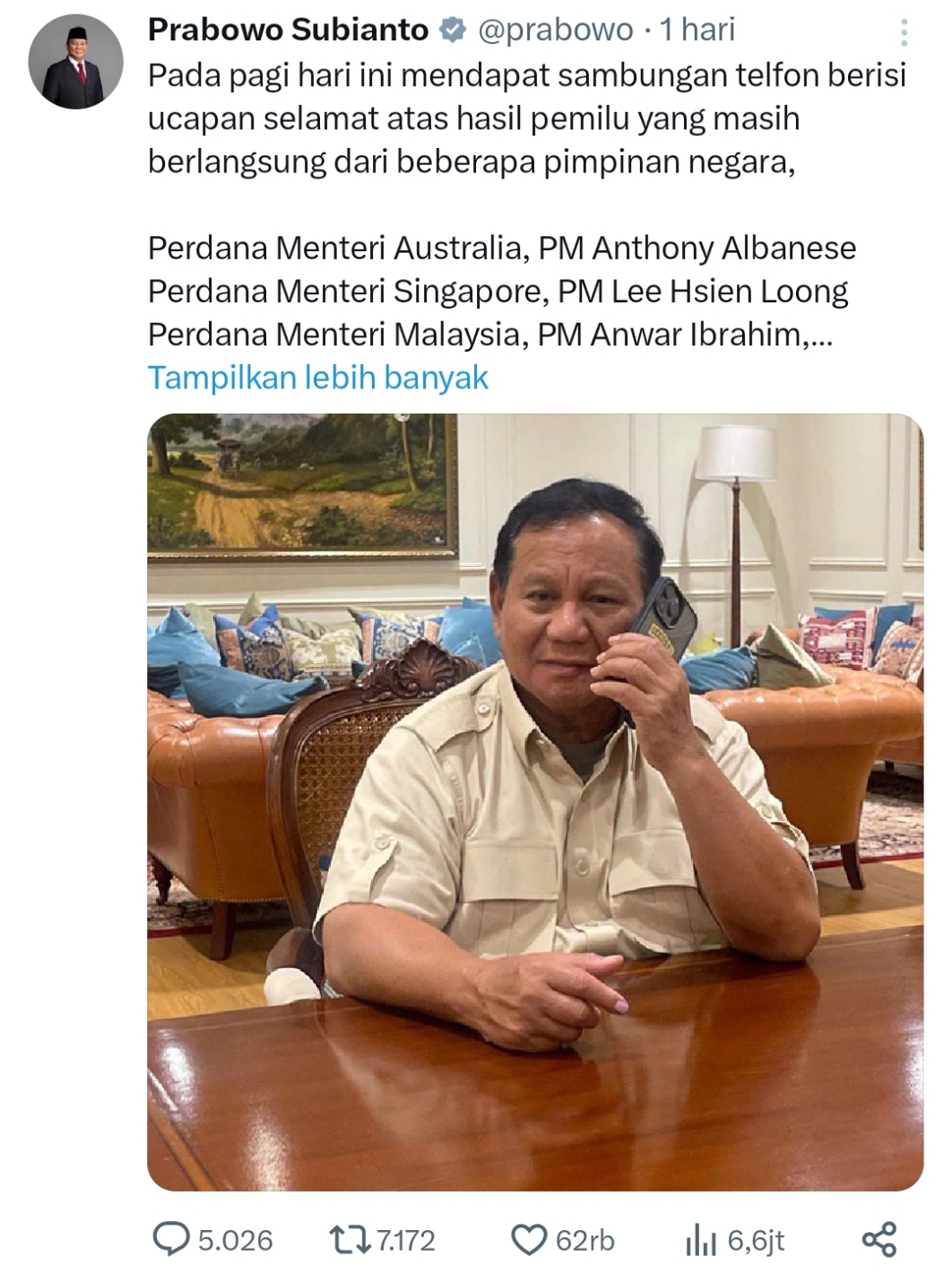 Unggul di Hitungan Cepat, Prabowo Mengaku Dapat Banyak Ucapan Selamat dari Beberapa Pimpinan Negara 