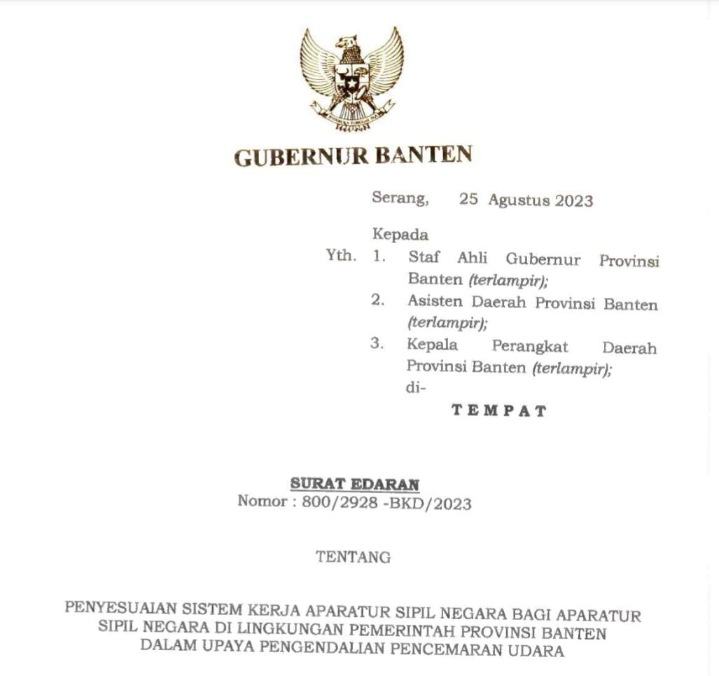 Pemprov Banten Keluarkan Edaran WFH, Simak Penjelasannya