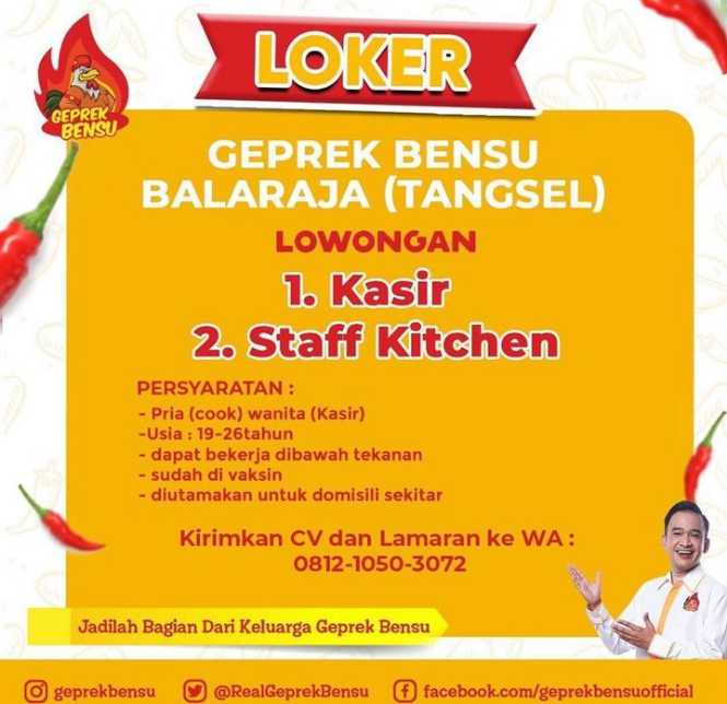 Kirim CV Sekarang, Geprek Bensu Buka Lowongan Kerja di Serang dan Balaraja untuk Kasir dan Staf Kitchen