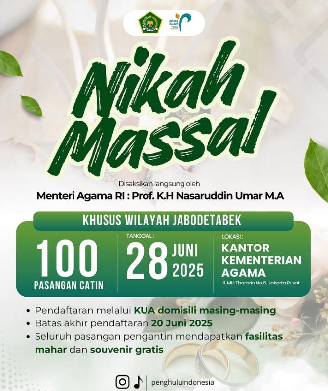 Program Nikah Massal Kemenag Terbatas untuk 100 Pengantin, Begini Daftarnya
