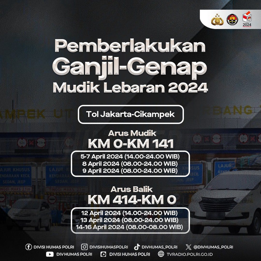 Catat Tanggal dan Jam Penerapan Ganjil Genap Arus Mudik dan Arus Balik Lebaran 2024