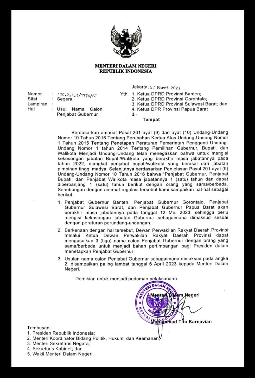 Mendagri Kirim Surat ke Ketua DPRD Banten, Minta Usulkan 3 Nama Penjabat Gubernur