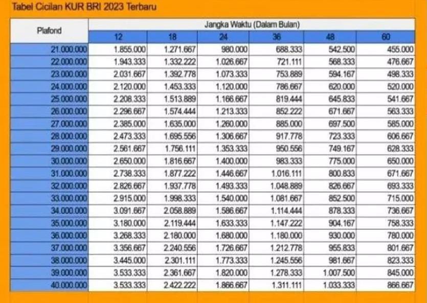 Tabel KUR BRI, Dengan Cicilan Puluhan Ribu Perbulannya Kamu Bisa Raih Jutaan Rupiah