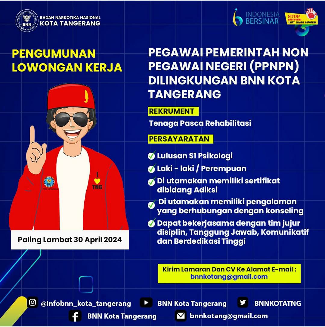 BNN Kota Tangerang Buka Formasi Rekrutmen PPNPM, Ini Syaratnya