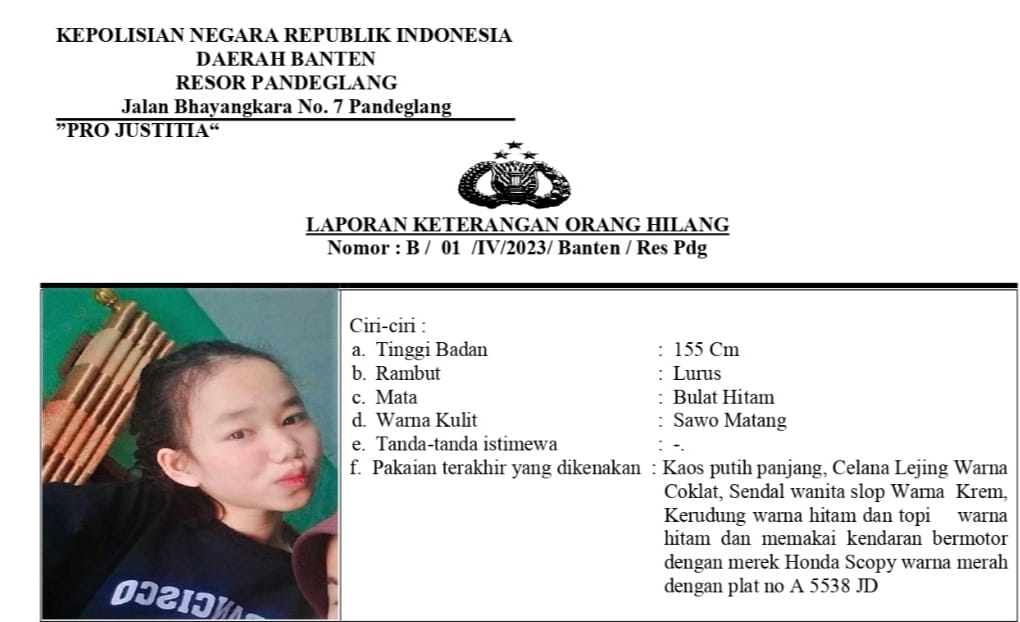 Pamitan Beli Obat 7 Hari yang Lalu, Siswi SMP di Pandeglang Belum Pulang