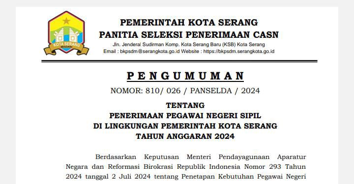 Ini Rincian Formasi CPNS Pemkot Serang 2024, Pejuang ASN Merapat 