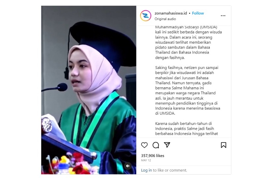 Viral Mahasiswi Asal Thailand Berpidato Saat Wisuda di UMSIDA