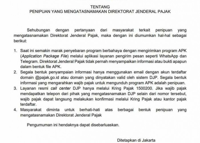 Waspadai! Penipuan Atasnamakan Direktorat Jenderal Pajak