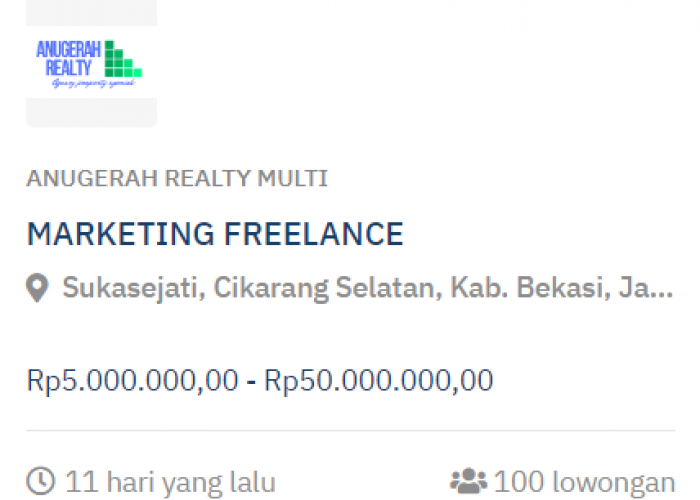 Lowongan Kerja Freelance Posisi Marketing Property Penempatan Cikarang Gaji Rp5 Juta Sampai Rp50 Juta Rupiah