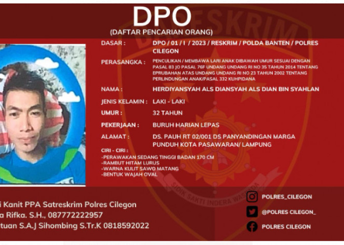 Penculik Gadis Cilik di Cilegon, Warga Pesawaran Lampung, Polres Cilegon Keluarkan DPO 